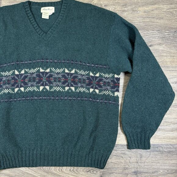 Eddie Bauer Sweater Mens XL Vintage Fair Isle Green V-Neck Wool USA Made - Picture 3 of 9